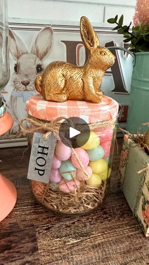 Upcycled Jar Ideas! I’m making a cute Jelly Bean Easter Candy Jar and a cloche / dome bunny display. For both projects, I did napkin decoupage on the lids. #easter #dollarspot #upcycling #crafts #napkindecoupage #modpodge #masonjar | Handmade Happy Hour with Cathie Filian | Alex Blue · So Good Upcycling Crafts, Jelly Beans Easter, Cloche Domes, Napkin Decoupage, Jar Ideas, Easter Craft, Jelly Bean, Candy Jar, Easter Candy