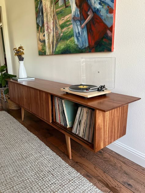 Vinyl Console Table, Vinyl Record Media Console, Tv Stand With Record Player, Mid Century African Living Rooms, Modern Record Console, Record Player Setup, Vinyl Record Furniture, Modern Record Player, Record Player Table