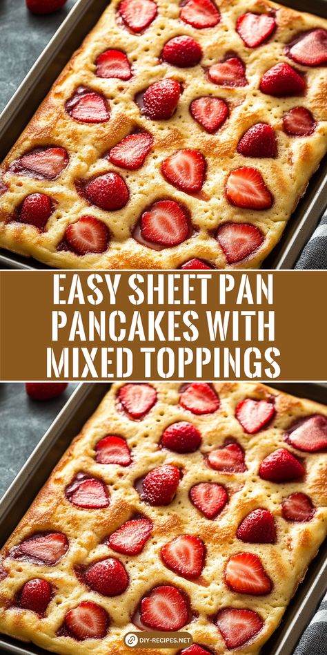 Try this easy sheet pan pancake recipe for breakfast or brunch! Customize each section with different toppings like berries, chocolate chips, or a peanut butter swirl. Pancake In A Pan, Sheet Pan Pancakes With Pancake Mix Easy, Sheet Pancakes, Oven Pancake, Sheet Pan Pancakes, Pan Pancakes, Oven Pancakes, Recipe For Breakfast, Baked Pancakes