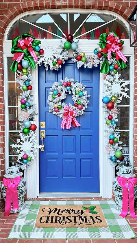 2023 CHRISTMAS HOME TOUR || CHRISTMAS TREE AND LIVING ROOM | Dimples and Tangles Vintage Colorful Christmas Aesthetic, Christmas Decorations Entryway, Bright Color Interior Design, Colorful Christmas Aesthetic, Funky Christmas Decor, Entryway Christmas Decorations, Dimples And Tangles, Pom Pom Tree, Kitchen Christmas Gifts