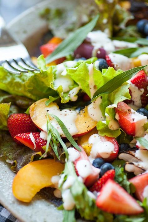 Fresh Garden Greens Salad with Fruit and Yogurt Dressing Fruit And Greens Salad, Green Salads With Fruit, Green Salad With Fruit, Salads For Christmas, Thanksgiving Fruit Salad, Salad With Fruit, Easter Salad Recipes, Fruit Salad Decoration, Fruit Dressing