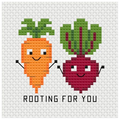 This cute root vegetable couple that is rooting for you is the latest addition to the plant pun cross stitch pdf pattern series I am building I am building up for my patrons. Rooting for you cross stitch pdf pattern - Ringcat Cross Stitch Flowers Simple, Stitch Crafts, Kawaii Cross Stitch, Plant Puns, Tiny Cross Stitch, Root Vegetable, Tiny Cross, Stitch Flowers, Food Patterns