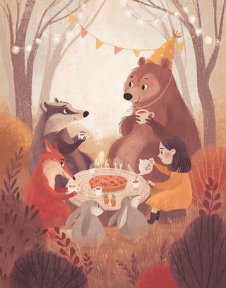 Party Illustration, Woodland Nursery Art, Fall Birthday Parties, Woodland Bear, Inspirational Illustration, Fall Birthday, Woodland Party, New Students, Chalk Art