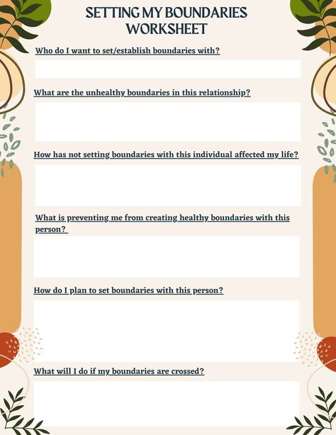 The Setting Healthy Boundaries worksheet is a one-page digital tool used for empowering and creating motivational ways to build, maintain, and cultivate self-respect, self-esteem, & and happiness. Recognizing the need to enforce certain limits and set standards can help you thrive in relationships. The practice of setting boundaries is a key tool to living a healthy lifestyle. Utilize this Setting My Boundaries Worksheet to map out a healthy and better you! Boundary Setting Activities, Setting Healthy Boundaries Worksheet, Boundaries Group Therapy Activities, Boundaries Therapy Activities, Self Empowerment Worksheets, Boundaries Worksheets For Adults, Boundaries Worksheet Mental Health, Boundaries Template, Boundary Setting Worksheet