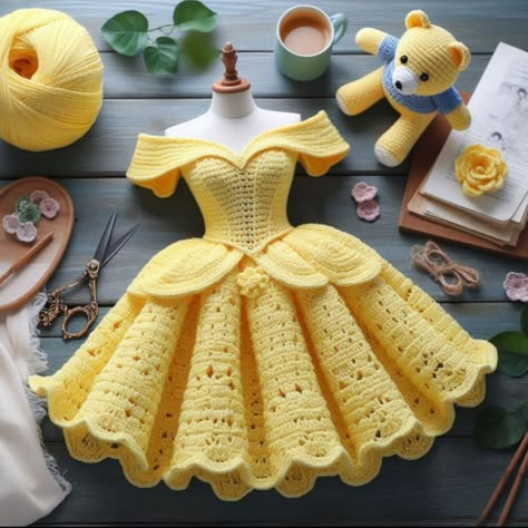 These princess dresses are so beautiful Cinderella Crochet Dress, Crochet Princess Dress Pattern, Crochet Princess And The Frog, Crochet Dress For Kids, Free Crochet Barbie Clothes Patterns, Disney Princess Crochet, Crochet Princess Dress, Crochet Barbie Clothes Patterns Free, Crochet Doll Dress Free Pattern