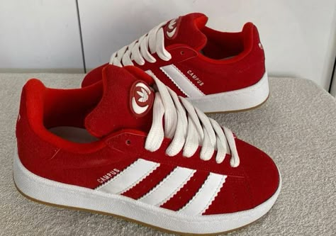 Red Campus 00s, Red Adidas Campus, Red Campus, Campus Adidas, Red Trainers, White Nike Shoes, All Nike Shoes, Shoe Wishlist, Fancy Shoes