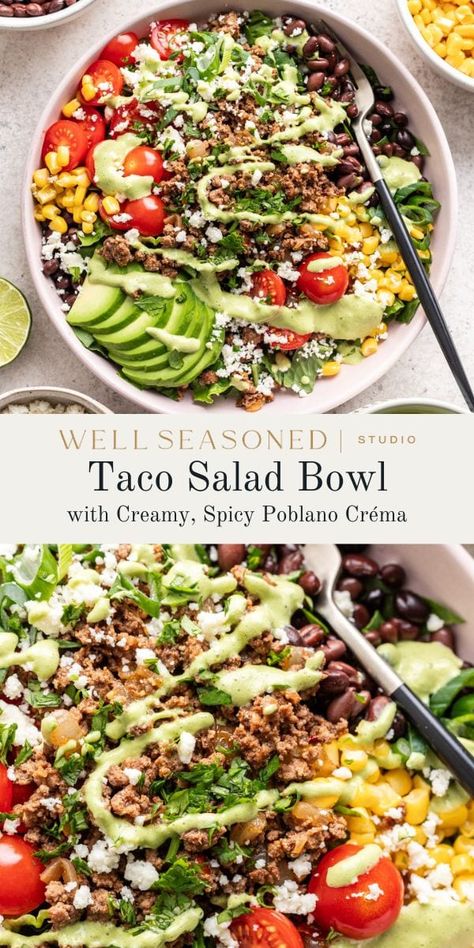 30-Minute Ground Beef Taco Salad Bowls Mexican Bowl Recipe, Beef Taco Salad Recipe, Beef Taco Salad, Salad Bowl Recipes, Taco Bowl Recipe, Taco Salad Bowls, Ground Beef Taco, Lettuce Salad Recipes, Healthy Tacos Salad