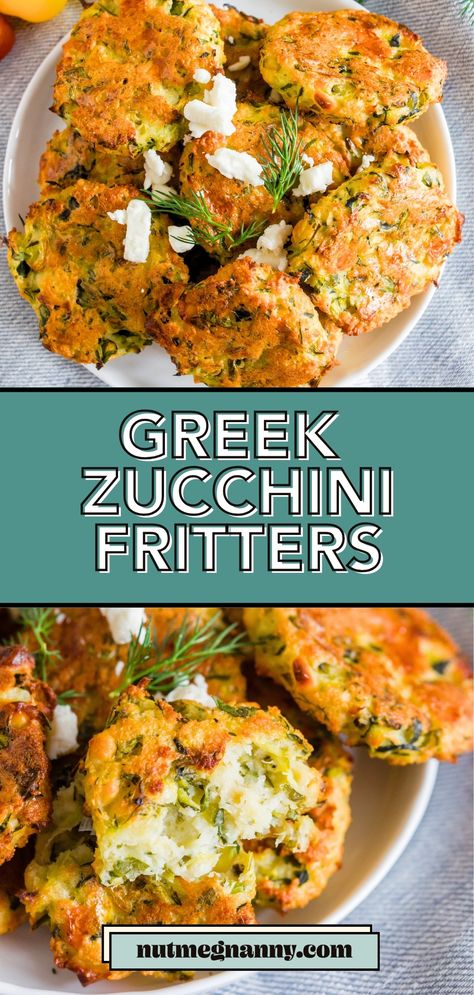 These Greek zucchini fritters are the perfect appetizer and vegetable-filled dipper. They're made with shredded zucchini, feta cheese, and lots of fresh herbs. Zucchini Greek, Shredded Zucchini Fritters, Greek Zucchini Fritters, Feta Eggs With Zucchini, Shredded Zucchini Recipes, Zucchini Feta Fritters, Ricotta Fritters, Zucchini Feta, Feta Cheese Recipes