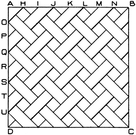 Weave pattern exercise: Divide A D and A B into 8 equal parts, and through the points O, P, Q, H, I, J, etc., draw horizontal and vertical lines. Now draw lines connecting O and H, P and I, Q and J, etc. As these lines form an angle of 45 degrees with the horizontal, a 45-degree triangle may be used. Similarly from each one of the given points on A B and A D, draw lines at an angle of 45 degrees to B C and D C respectively. Weave Drawing, Plain Weave Pattern, Triaxial Weaving, Ribbon Weaving, Pattern Design Ideas, Pattern Line Drawing, Basket Drawing, Fabric Weaving, Smocking Patterns