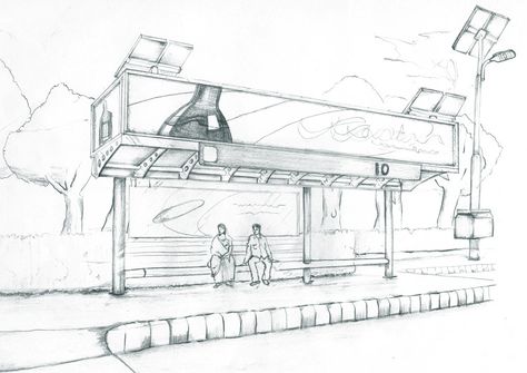 Bus Stop Sketch, Bus Stop Drawing, Sketch Indian, Perspective Sketches, Bus Drawing, Bus Stop Design, Memory Drawing, Stop Drawing, Perspective Sketch