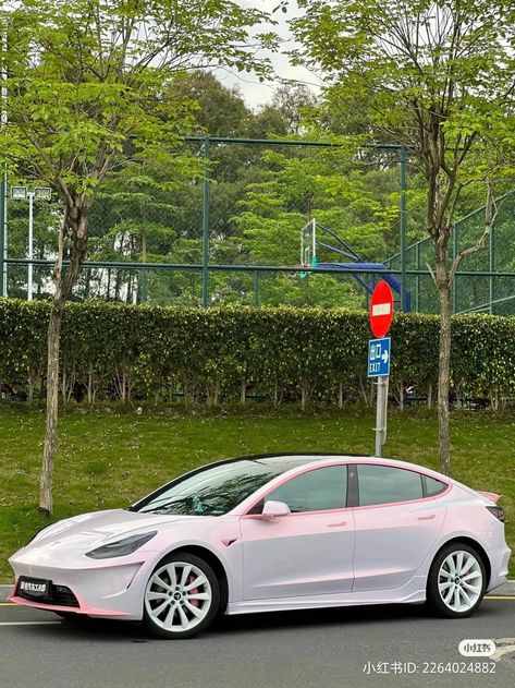 Pink Tesla Car Interior, White Car Pink Accents, White Car With Pink Accents, White And Pink Car, Pink Tesla Model 3, Light Pink Tesla, Pink Lexus, Cute Pink Car, Light Pink Car