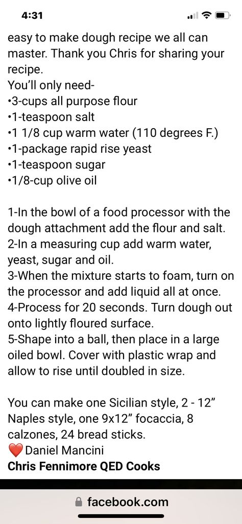 Chris Fennimore/Mancini pizza dough Chris Fennimore Recipes, Yeast Recipes, Dough Recipe, Pizza Dough, Us Foods, Yeast, Warm Water, A Food, Food Processor Recipes