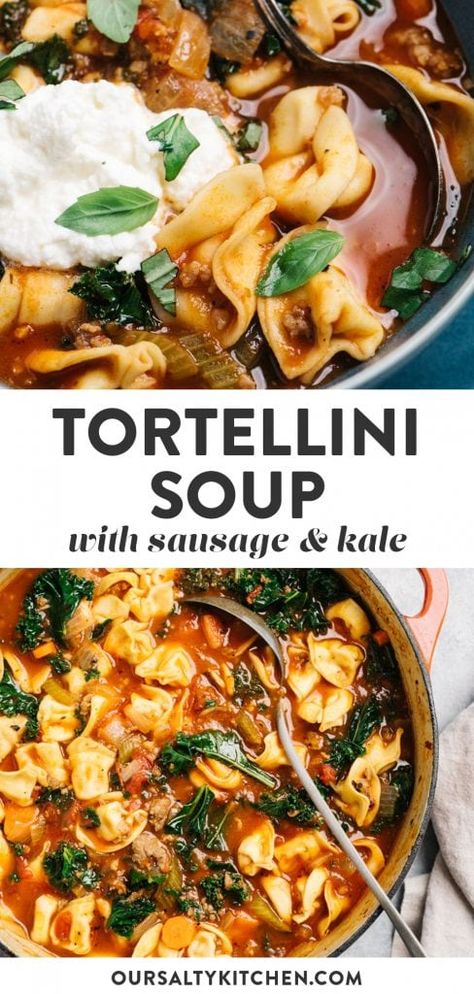 Italian Sausage Tortellini Soup with Kale | Our Salty Kitchen Tortellini Soup With Kale, Cheese Tortellini Pasta, Italian Sausage Tortellini, Italian Sausage Tortellini Soup, Lunch Soup, Soup With Kale, Sausage And Kale Soup, Sausage Tortellini Soup, Kale Pasta