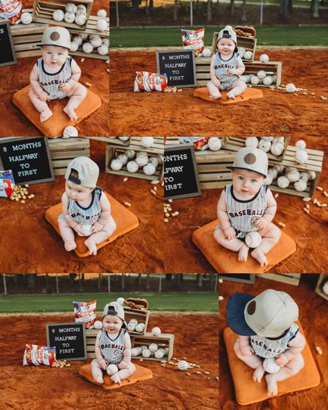 Halfway To One Baseball, 6 Months Baseball Pictures, Halfway To One Photoshoot Baseball, Half Birthday Baseball Theme, 6 Month Celebration Ideas, Halfway To First Baseball Photoshoot, Halfway To First Photoshoot, Half Way To One Photoshoot Ideas For Boys, Halfway To First Baseball Birthday