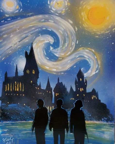 Creating the famous Van Gogh with spray paint and adding a Harry Potter twist to it. Hogwarts Starry Night, Van Gogh Artwork, Harry Potter Watercolor, Spray Paint Artwork, Hogwarts Great Hall, 11x14 Poster, Harry Potter Painting, Harry Potter Theme, Spray Paint Art