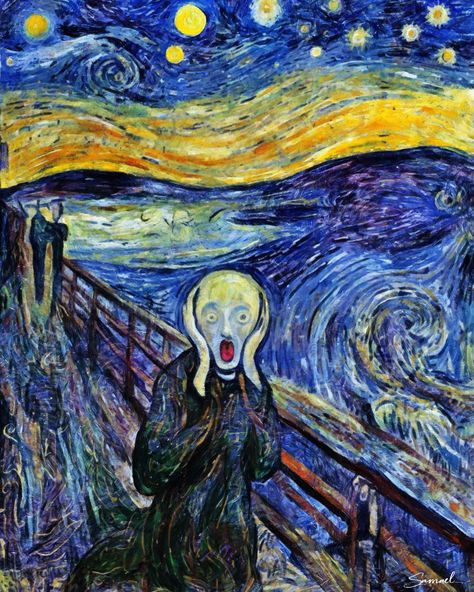 «Starry Scream» - Fun experiment: painting Edvard Munch’s "Scream" in the style of Vincent van Gogh’s "Starry Night". #digitalpainting #digitalart #digitalartist #munch #vangogh #scream #starrynight #mashup #art #artprint #samaelfinearts Vincent Van Gogh Scream, Van Gogh Scream, Edvard Munch Paintings, The Scream Edvard Munch, The Scream Painting, Art Vincent Van Gogh, Scream Painting, Girly Pop, Art 2024