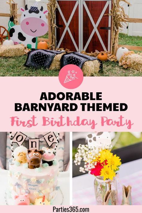 Old Macdonald First Birthday Party, Barnyard Birthday Party Girl, Farm Themed Birthday Party Food, Old Mcdonald Birthday Party, Farm Birthday Party Food Ideas, Farm Theme First Birthday, Farm Animals First Birthday, Farm Party Food, 3rd Birthday Theme Ideas