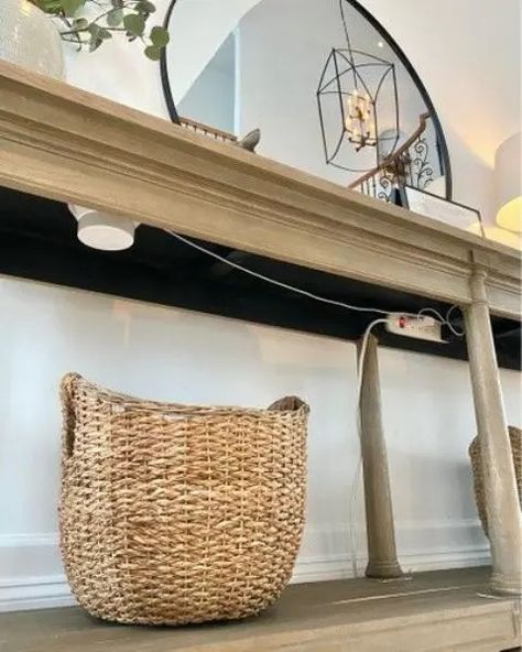 a basket placed under a console table is a lovely way to hide your router or you can attach it to the tabletop as cables Hide Internet Router Ideas, Ways To Hide Wifi Router, Router Hiding Ideas, Baskets Under Console Table, Behind Sofa Table, Router Ideas, Cable Organizer Box, Small Console Table, Hide Cords