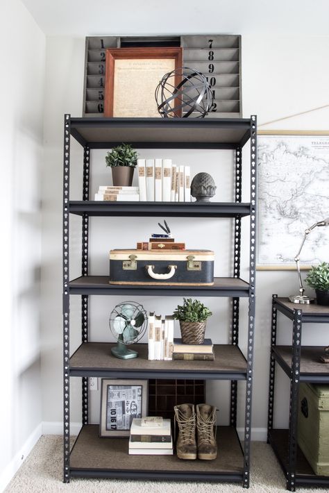 Office Progress - Industrial Shelving | blesserhouse.com Industrial Interior Living Room, Industrial Bathroom Decor, Industrial Shelves, Diy Industrial Furniture, Loft Designs, Industrial Style Decor, Bedroom Minimalist, Urban Decor, Industrial Design Furniture