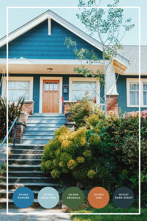 Looking for some bold colors to brighten up your home?Save this for a color palette inspired by Seattle's vivid shades ranging from green, light blue + hints of burnt orange. #ad Green House Blue Door, Blue Bungalow Exterior, Unique House Colors, Bold House Colors Exterior, Blue Green House Exterior, Teal Exterior House Paint, Colorful Exterior House Colors, Unique House Colors Exterior, Colorful Home Exterior