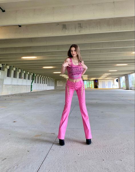 Pink Top Leather Pants, Pink Leather Pants Outfit, Pink Fitted Top For Music Festival, Fitted Pink Crop Top For Rave, Fitted Pink Y2k Pants, Pink Leather Pants, Pink Fitted Rave Crop Top, Speeding Tickets, Outfits Concert