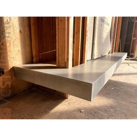 Fireplace On Concrete Bench, Concrete Bench Fireplace, Fireplace Floating Hearth, Fireplace With Floating Hearth, Floating Hearth Fireplace, Concrete Hearth Fireplace, Tall Concrete Fireplace, Floating Concrete Hearth, Harth Fireplace