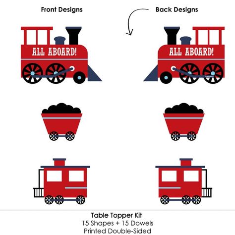 Railroad Party Crossing Centerpiece Sticks INCLUDES 15 Railroad Party Crossing table toppers in three different shapes, 15 wooden dowel sticks and stickers for easy assembly. Steam train party table decorations are perfect for a baby shower or birthday party. Railroad Party Crossing Party Centerpiece Sticks SIZE five Steam train table toppers, 10.75" wide x 7.5" tall; five Coal car table toppers, 5.5" wide x 5" tall; and five Caboose table toppers, 7.5" wide x 6" tall. The unique design and vari Party Centerpieces Diy, Paper Centerpieces, Simple Table Decorations, Train Birthday Party, Trains Birthday Party, Birthday Party Centerpieces, Train Party, Birthday Party Tables, Train Birthday