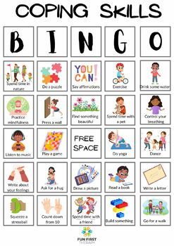 Coping Skills BINGO is a fun activity to teach social skills to your children and students! Print and put in plastic sheet protectors or laminate. We recommend covering the coping strategies with bingo markers, round candies, crackers, or playdough. This resource includes 20 bingo cards with 33 different coping strategy calling cards. Coping Skills Bingo Free Printable, Coping Skills Activity For Kids, Coping Skills For Kids Activities, Coping Skills Bingo, Relax Ideas, Social Skills Activities For Kids, Music Therapy Interventions, Bingo Games For Kids, Coping Skills Activities