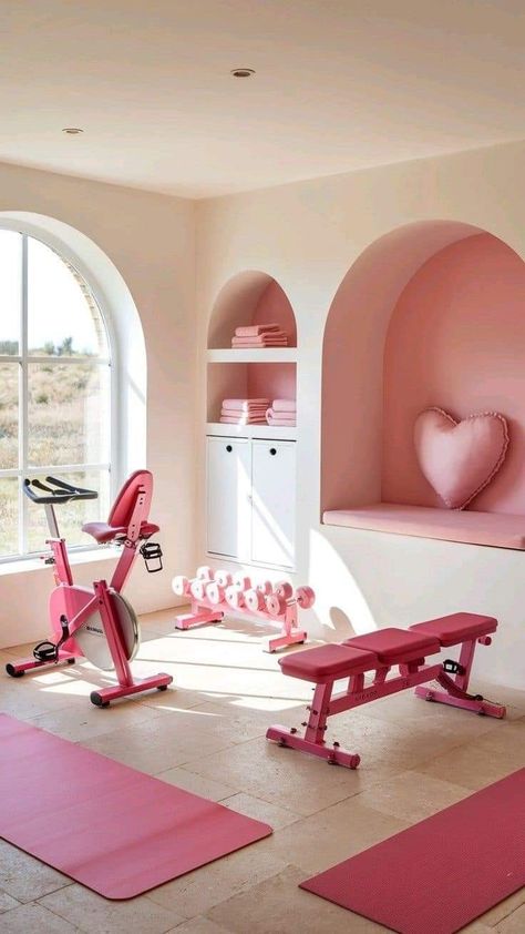 Pink Home Gym, Home Pilates Room, Cute Home Gym, Workout Equipment For Home, Commercial Gym Design, Garage Gym Ideas, Pilates Cardio, Home Gym Machine, Dream Home Gym