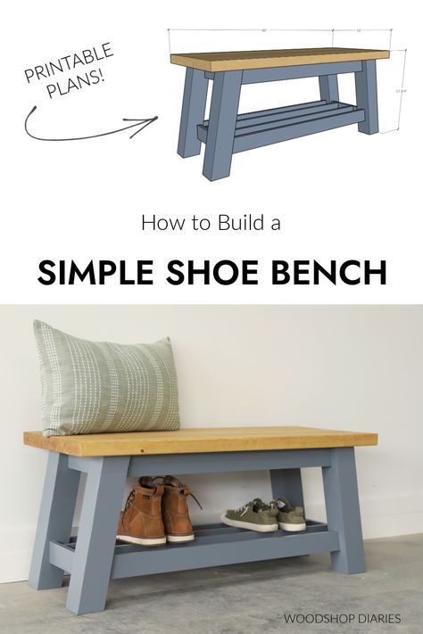 Simple Wood Diy Projects, 2x4 Furniture Diy, Diy Bench Plans, Diy Bench With Shelf, 2x10 Projects Wood, Furniture Building Plans, Diy Shoe Bench Entryway, Bench Entryway Diy, Bed Bench Diy