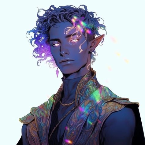 Dnd Nonbinary, Pink Haired Elf Male, Dnd Genasi Character Design, Celestial Tiefling, Human Sorcerer Male, Fae Character Design Male, Air Genasi Male, Earth Genasi Male, Astral Elf Dnd