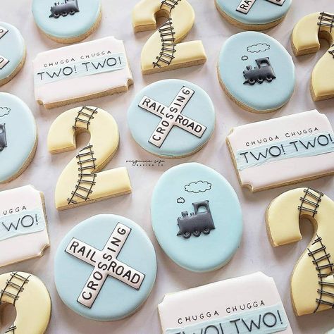 Train Birthday Theme, Chugga Chugga Two Two, Train Baby Shower, Train Theme Birthday Party, Train Cookies, Second Birthday Boys, Cookie Birthday Party, Two Two, Boy Birthday Party Themes