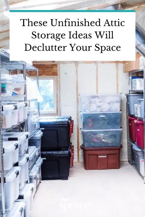 Maximize space in an unfinished attic with clever storage methods that minimize clutter and keep your belongings easily accessible. #atticstorageideas #declutter #declutterideas #homeorganization #howtoclean #organizationtips  #thespruce Organizing Attic Storage, Unfinished Attic Storage, Organize Attic Ideas, Attic Storage Ideas Organizing, Storage Attic, Attic Renovation Storage, Attic Organization Ideas Angled Ceilings, Unfinished Attic Storage Ideas, Organized Attic