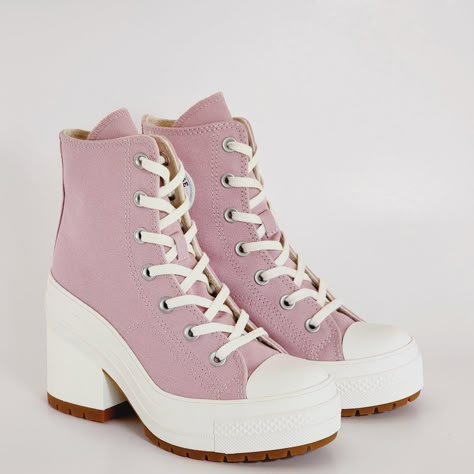 Converse Chuck 70 De Luxe Heel Hi High Top Static Pink / Egret / Gum Platform Boots A06433c Nwt Brand: Converse Model: Chuck 70 De Luxe Heel Style Code: A06433c Color: Static Pink / Egret / Gum Gender: Women's. Size Guide: Us Women's 6 / Uk 4 / Eur 36.5 / Cm 23 Us Women's 6.5 / Uk 4.5 / Eur 37 / Cm 23.5 Us Women's 7 / Uk 5 / Eur 37.5 / Cm 24 Rise And Outshine A Chunky, Lugged Heel Ups These Platform Chucks For A High-Fashion Twist On A Versatile Look. Now In A Soothing Shade So You Can Rejuvenat Converse High Heels, Chuck 70 De Luxe Heel, Converse Heels, Pink Platform Boots, Converse Model, Cute Converse Shoes, Leather Chuck Taylors, Platform Chucks, Cute Converse