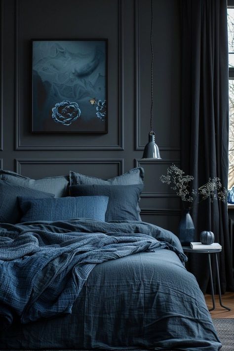 Rich Bedroom Colors, Black And Navy Blue Bedroom, Moody Bedroom Blue, Dark Moody Bedroom Color Palettes, Navy And Black Bedroom, Dark Blue Moody Bedroom, Black And Navy Bedroom, Black Blue Bedroom, Deep Blue Room