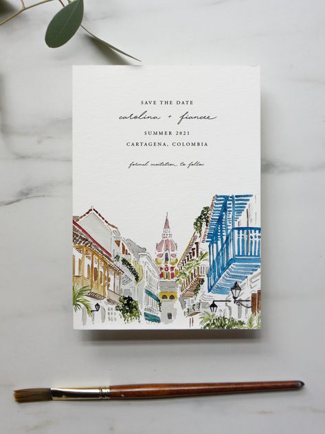 Mexico City Save The Date, Colombia Wedding Invitation, Cartagena Save The Date, Colorful Wedding Save The Dates, Painted Wedding Invites, Italy Save The Date Ideas, Mexico City Wedding Invitations, Travel Inspired Wedding Invitations, Painted Save The Date