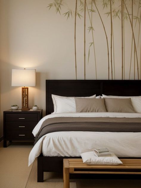 Create a serene and peaceful atmosphere in your bedroom with zen wall art. Incorporate elements like bamboo wall decals or serene Japanese paintings to bring a sense of tranquility to your space. Pair it with minimalistic furniture like a low platform bed and natural wood finishes for a cohesive and calming aesthetic. Minimalistic Furniture, Low Platform Bed, Calming Aesthetic, Japanese Paintings, Zen Wall Art, Bamboo Wall, Platform Bed, Natural Wood, Wall Decals