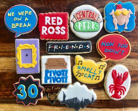 Friends tv show cookies 30th birthday birthday cookies for adults decorated sugar cookies Friends Cookies Tv Show, Friends Tv Show Cookies, Friends Cookies, Friends Cookies Decorated, Friends Themed Wedding, 30th Birthday Themes, Friends Cake, Cookie Business, Friends Party