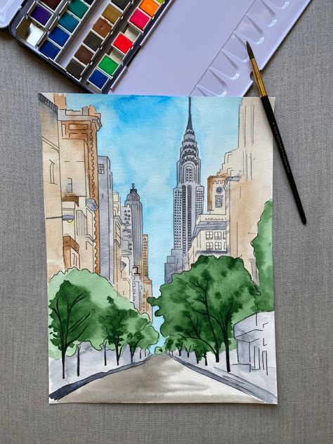 Acrylic Painting New York, New York City Watercolor Painting, One Point Perspective Watercolor, New York Street Drawing, City Scape Painting Easy, New York Drawing Sketches, New York Art Drawing, New York City Painting Easy, Watercolor Cityscape Easy