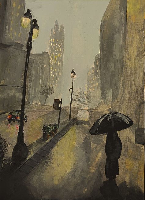 Rainy day Rainy London Painting, Rainy Day Drawing Easy, Rainy Drawing, Rainy City Painting, 1940 Aesthetic, Rainy Day Drawing, Art Niche, Weather Art, London Painting