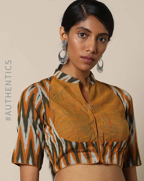 Cotton Blouse Pattern, Kalamkari Blouse Designs, Trending Blouse, Mustard Yellow Blouse, Neck Patterns, Blouse Designs High Neck, Cotton Saree Blouse Designs, Cotton Blouse Design, Brocade Blouse