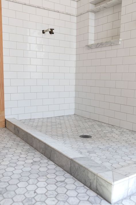 Hexagon Shower Floor Tile, Hexagon Shower Floor, Shower Nook, Hexagon Tile Bathroom Floor, Hexagon Tile Bathroom, The Grit And Polish, Grit And Polish, Bathroom Grout, Epoxy Grout