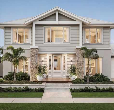 Hamptons Style House Exterior, Modern Queenslander, Hampton Style House, Hamptons Style House, Hamptons House Exterior, Modern Coastal Home, House Colours, House Cladding, Dream Life House