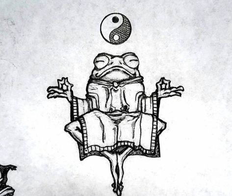 Frog Man Tattoo, Zen Frog Tattoo, Samurai Frog Drawing, Animal Tattoo Realistic, Gothic Frog Tattoo, Trippy Frog Tattoo Ideas, Traditional Japanese Frog Tattoo, Meditating Frog Tattoo, Frog Wizard Tattoo