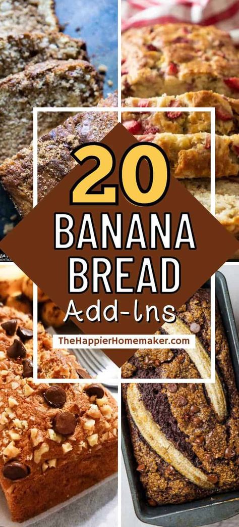 Wondering what to add to your basic banana bread? We are sharing 20 ideas to take your banana bread to the next level! Banana Bread Mix Ins, Banana Bread Variations Recipe, Banana Bread Mix Recipes, Banana Bread Mix Hacks, Different Types Of Banana Bread, Banana Bread Add Ins, Gourmet Banana Bread, Topping For Banana Bread, Bread Flavor Ideas