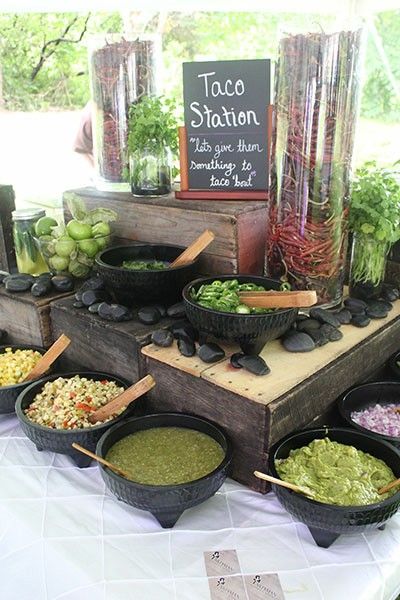 Build Your Own Taco Bar Wedding, Tacos Wedding Buffet, Street Taco Buffet, Taco Buffet Wedding Receptions, Tacos Set Up, Wedding Salsa Bar Ideas, Jungle Theme Taco Bar, Tacos Table Set Up, Catering Display Mexican Food