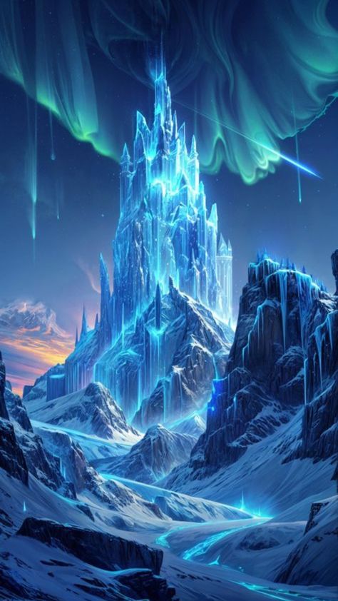 Dnd Phone Wallpaper, Fantasy Ice Landscape, Ice Castle Aesthetic, Ice Fantasy Art, Ice Wallpaper Aesthetic, Fantasy Background Magic Scenery, Northern Lights Aesthetic, Crystal Landscape, Landscape Castle