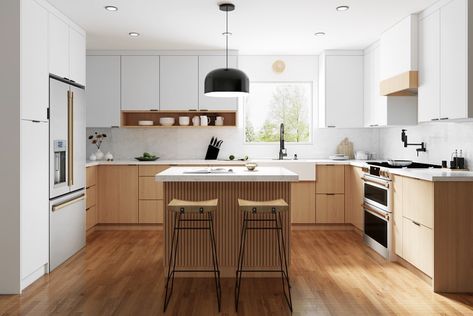 The power of rendering. It helps clients visualize different cabinetry color combinations. Scroll to see which final color scheme was… | Instagram Hdb Kitchen, Japandi Kitchen, Kitchen Floating Shelves, Tiny Kitchen Design, Mcm Kitchen, Vintage House Plans, Cabin Kitchens, Happy Valley, Ideas Casa