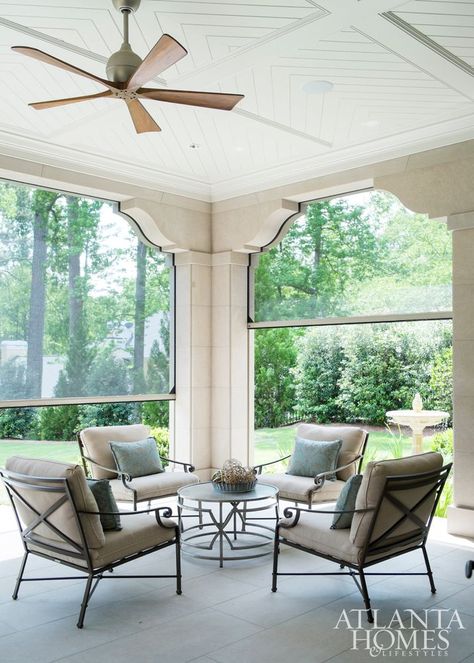 Off the main floor living room, seamless electronically-powered screen panels were installed so the homeowners could enjoy the great outdoors sans the mosquitoes. Love the detail, too. Harrison Design, Atlanta Homes, Outdoor Living Room, Elegant Interiors, Design Living Room, Screened Porch, Outdoor Ceiling Fans, Porch Patio, Outdoor Rooms