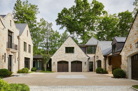 English Manor-Style - Harrison Design French Cottage Home Exterior, European Style Homes Exterior Modern, English Country Home Plans, English Window Design, Limestone Exterior House, Modern European Home Exterior, European Contemporary Home, English Farmhouse Exterior, European House Exterior